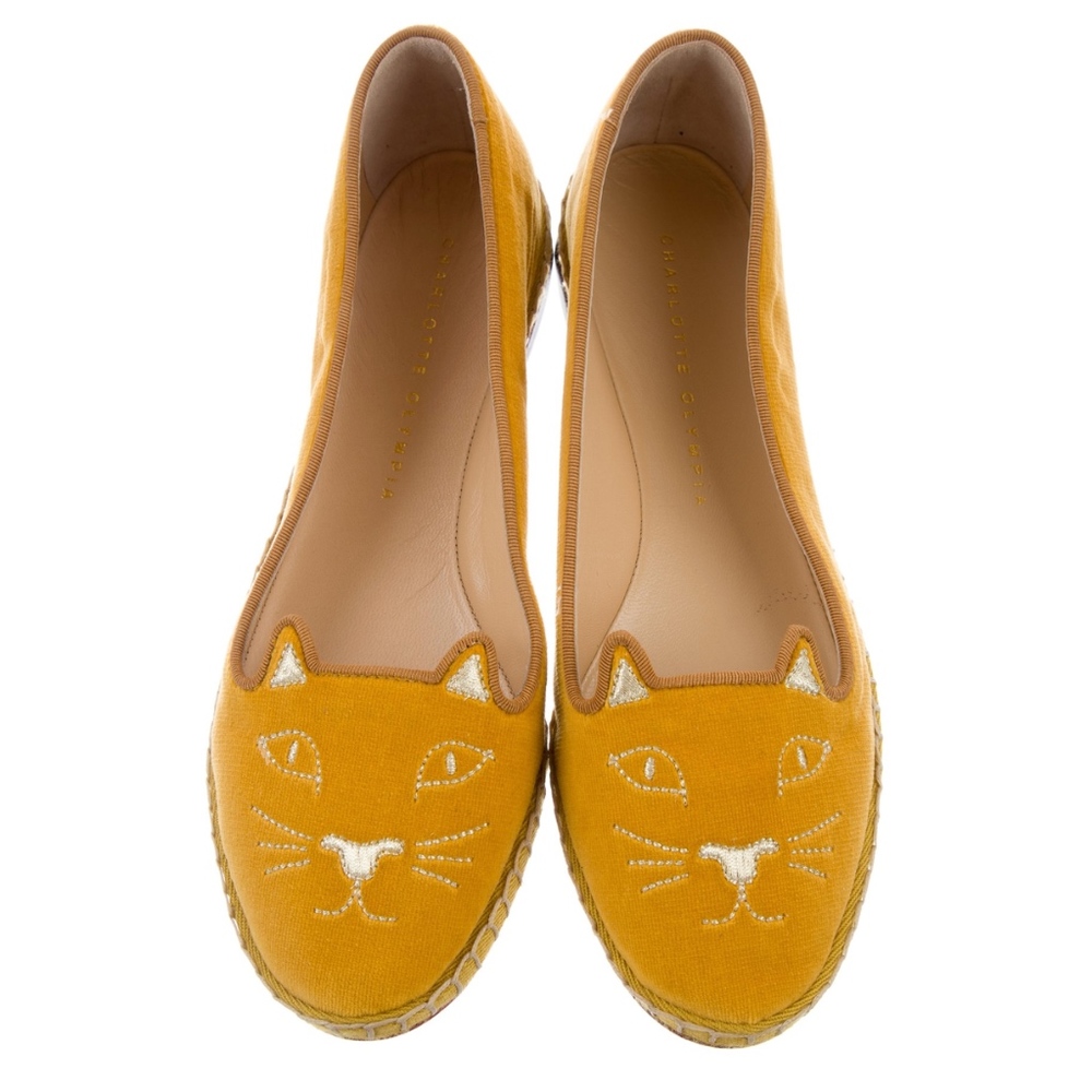 Charlotte Olympia orange velvet kitty espadrilles